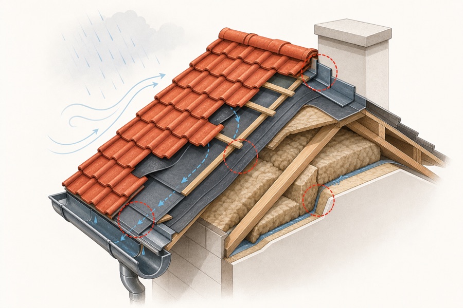 Planungsillustration zu Dachaufbau, Witterung und möglichen Schadstellen